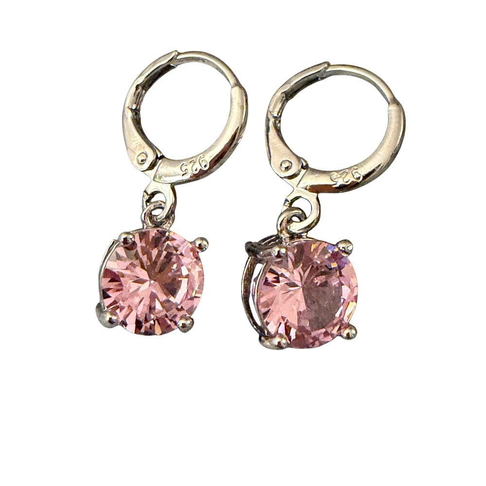 Pink Solitaire CZ Drop Earrings w/ 925 Stamp color Silver Lever-Backs - Picture 3 of 6